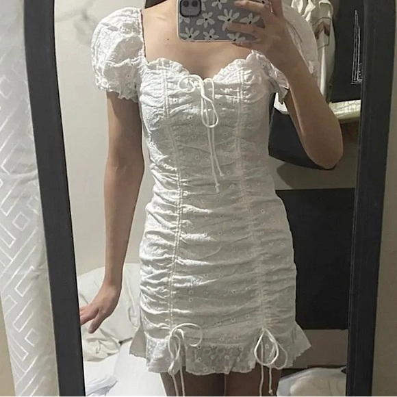 Puff Sleeve Lace Up Front Schiffy Dress - Picture 1 of 3